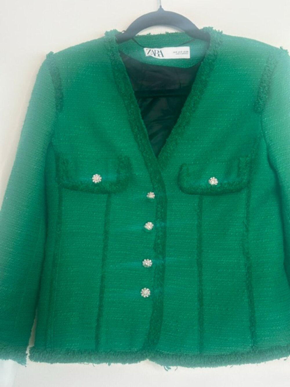 Zara Lush Green Tweed Jeweled Rhinestone Buttons Raw Fringe Trim Lined Jacket - Picture 8 of 16
